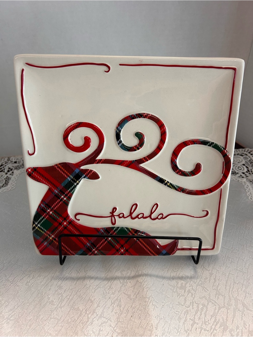 Mud Pie Tartan Reindeer Fa La La Christmas Cheese Plate 8" Square OG Box